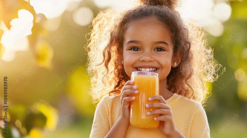 A beaming child with curly hair holds a glass of orange juice, standing in sunlight amidst trees, symbolizing happiness, warmth, and the carefree spirit of youth. A beaming child with curly hair holds a glass of orange juice, standing in sunlight amidst trees, symbolizing happiness, warmth, and the carefree spirit of youth.