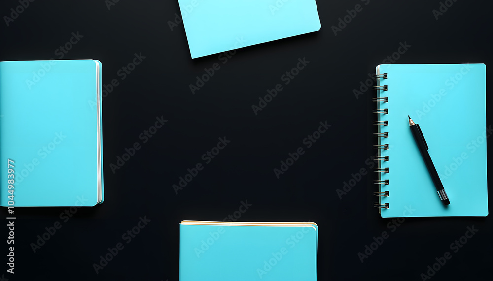 Aqua blue closed and open notebooks isolated on black isolated with white highlights, png