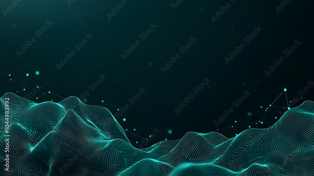 Futuristic digital landscape with glowing dots and connected lines ...