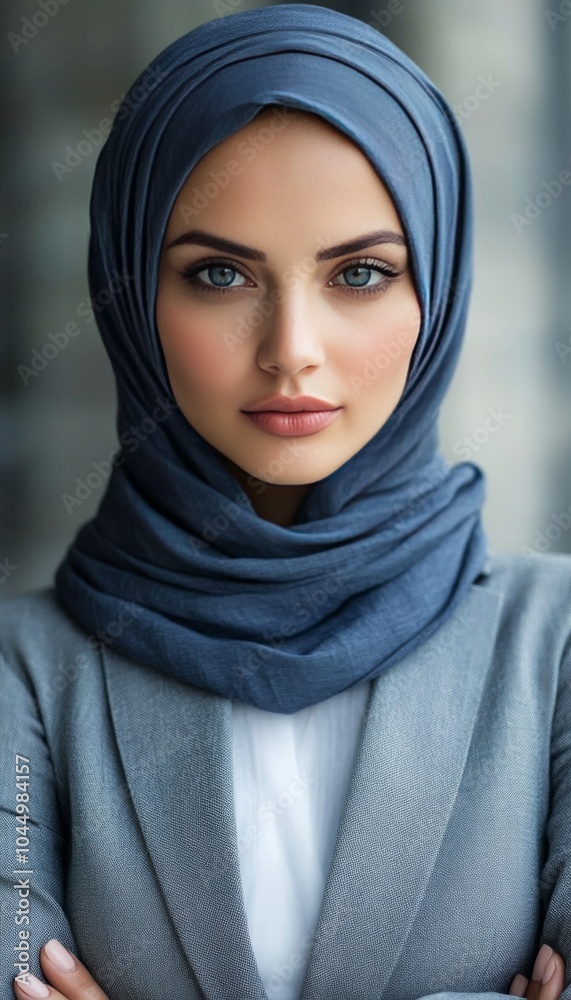 Portrait of a Confident Young Muslim Businesswoman in a Blue Hijab. Diversity and Empowerment. Portrait of a Confident Young Muslim Businesswoman in a Blue Hijab. Diversity and Empowerment.