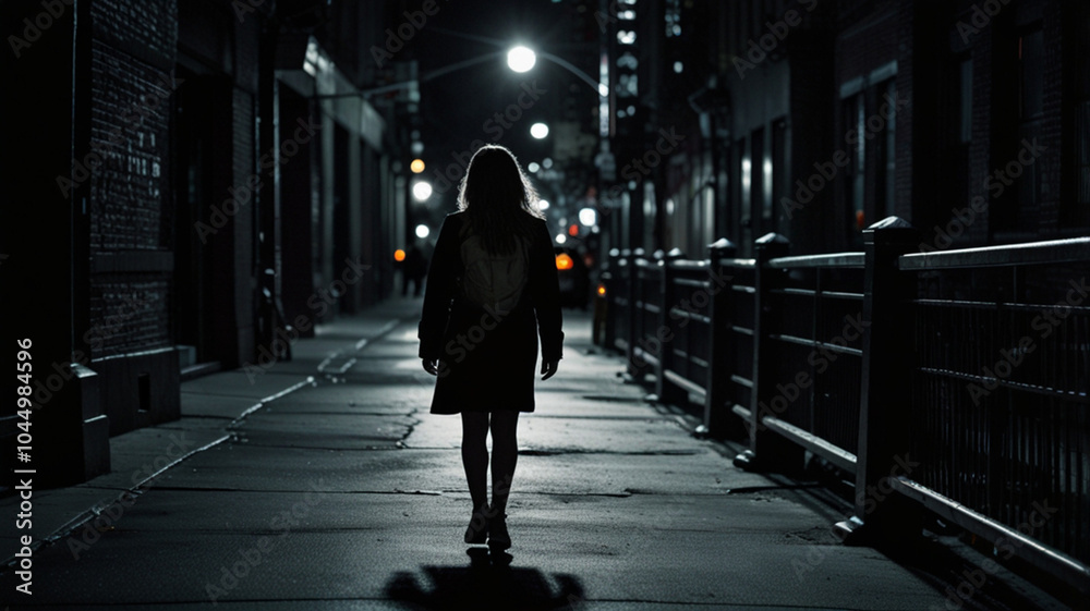 Young woman walking home alone at night in the dark street, concept of insecurity and fear of walking alone at night Young woman walking home alone at night in the dark street, concept of insecurity and fear of walking alone at night