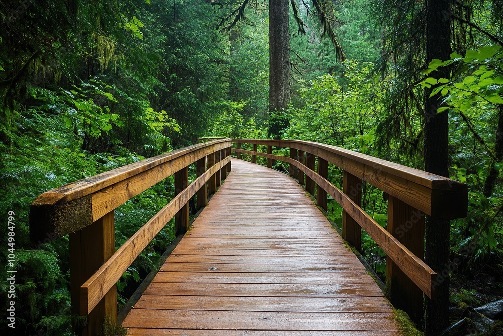 A wooden boardwalk leads through the lush greenery of an overgrown forest A wooden boardwalk leads through the lush greenery of an overgrown forest