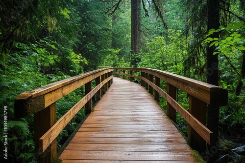 A wooden boardwalk leads through the lush greenery of an overgrown forest