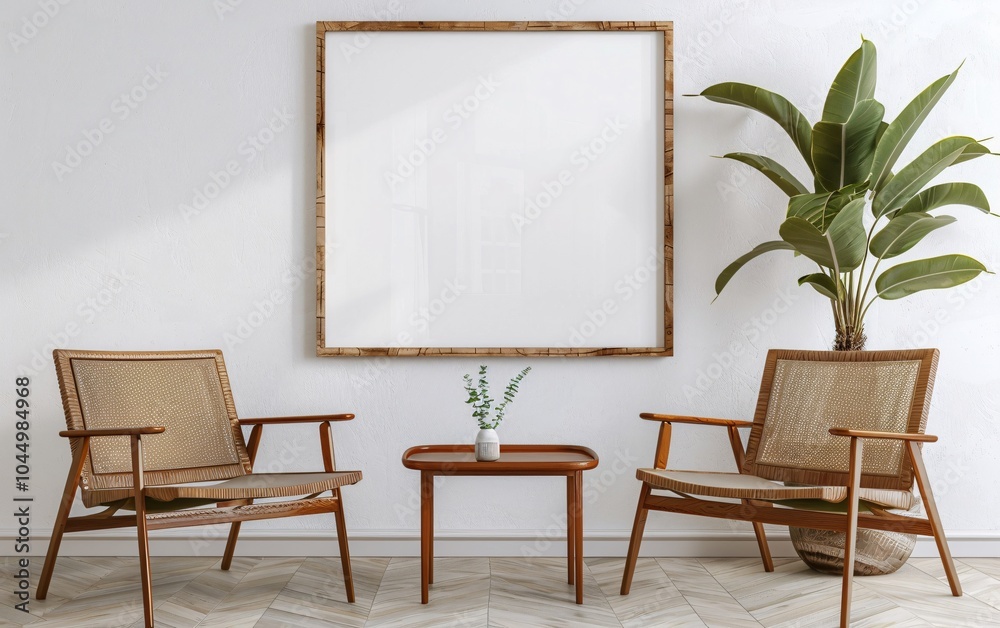 Living room design with empty frame mockup two wooden Living room design with empty frame mockup two wooden