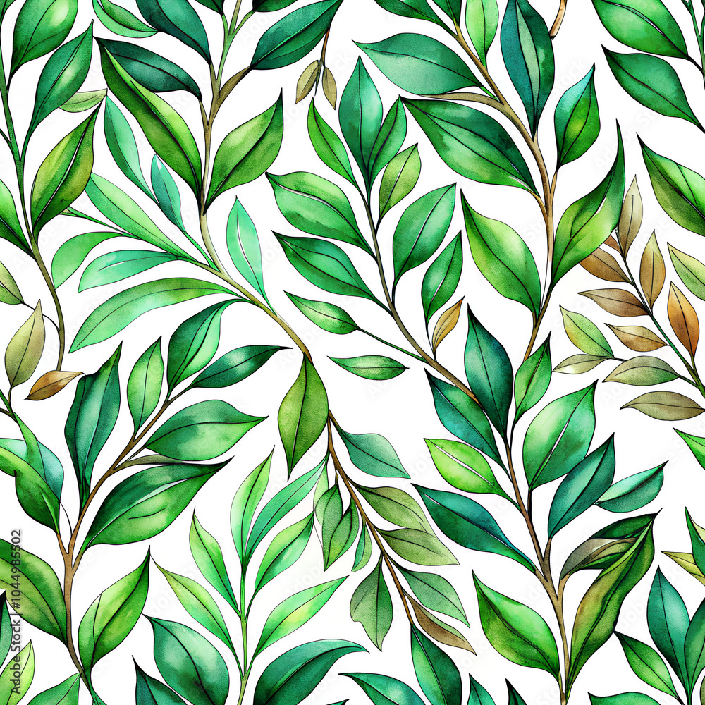 Fototapeta premium Vibrant watercolor botanical pattern featuring lush green leaves and delicate branches, perfect for natural decor and refreshing designs