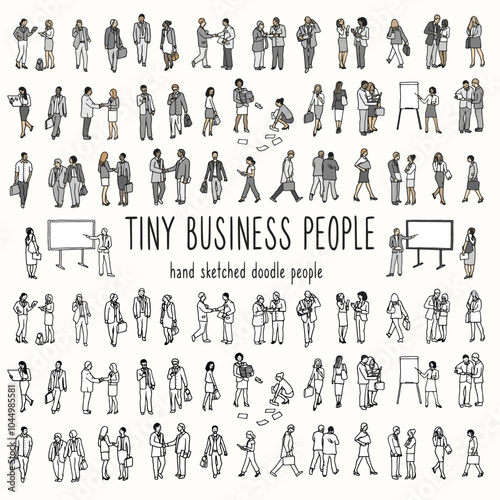 Hand drawn tiny diverse business women and men in their suits, colored as well as black and white