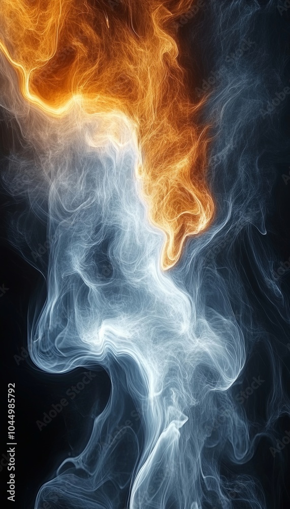 Abstract image of swirling smoke in blue and orange hues against a black background. Abstract image of swirling smoke in blue and orange hues against a black background.