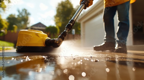 A person stands in a driveway using a yellow pressure washer, effectively cleaning the surface as water splashes around, in a calm suburban setting during the day. photo