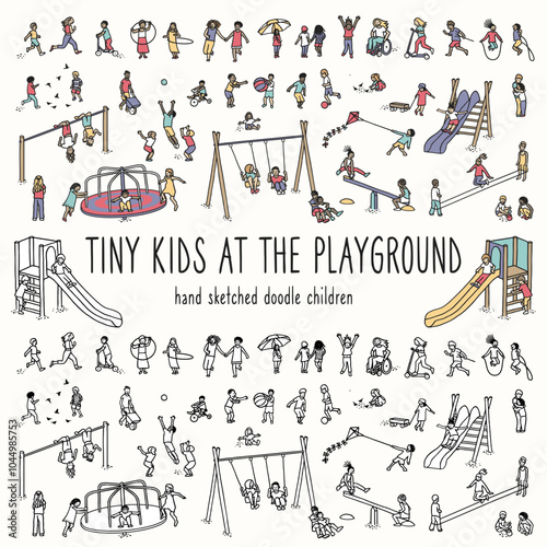 Set of tiny hand drawn children at the playground, diverse, happy, playful, in color as well as in black and white