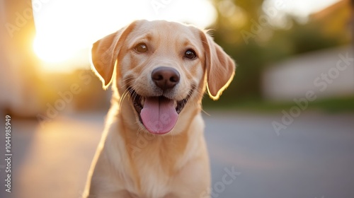 A happy golden retriever with a wide, joyful smile sits outside with the sun setting in the background, creating a warm, nostalgic mood and serene atmosphere.