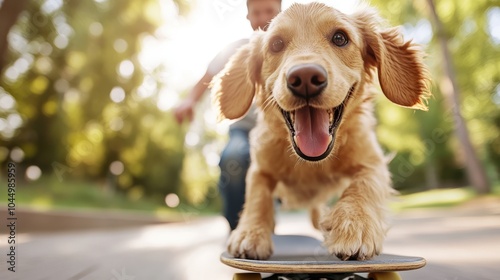 A lively, playful dog happily skateboarding down a sunlit park path, with a person following closely behind, capturing a moment of joy and outdoor fun. photo