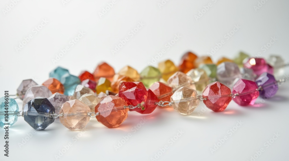 A variety of colorful beads strung together, lying on a white surface to highlight their shapes. A variety of colorful beads strung together, lying on a white surface to highlight their shapes.