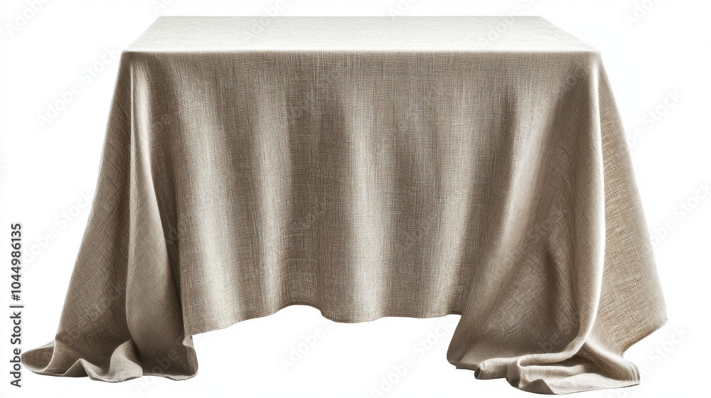 A textured tablecloth drapes over a table, adding a warm, earthy touch to the setting with its neutral tones and relaxed appearance. A textured tablecloth drapes over a table, adding a warm, earthy touch to the setting with its neutral tones and relaxed appearance.