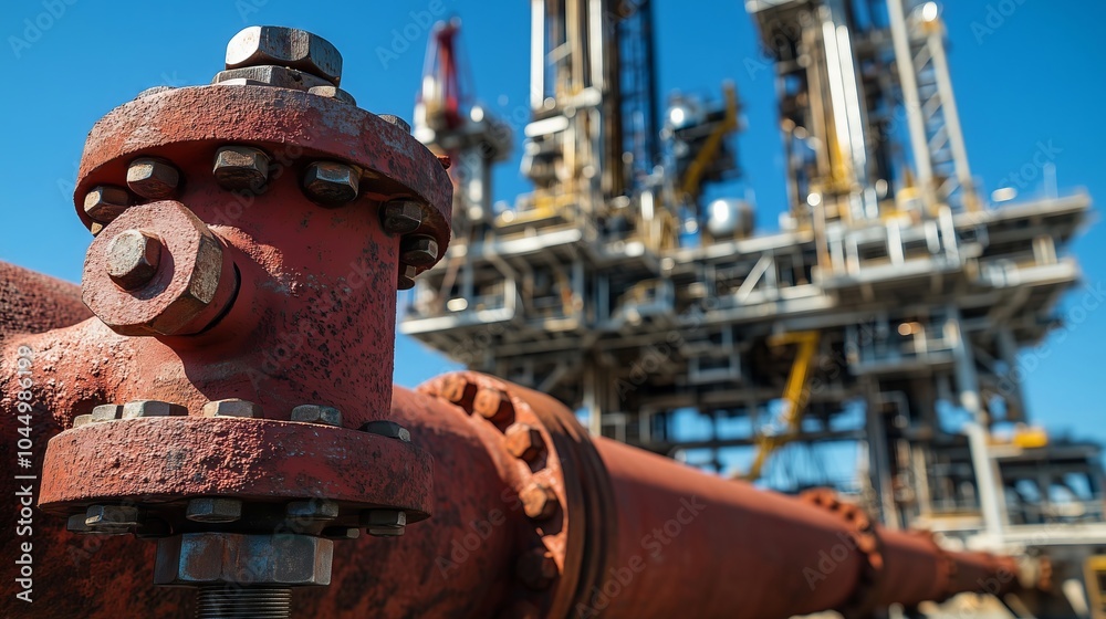 Fototapeta premium Large rusty industrial valve is connecting pipes at oil rig platform