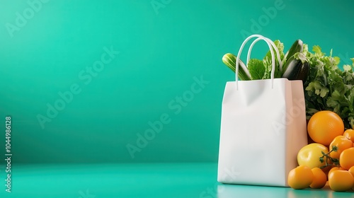 A white shopping bag filled with various vegetables and fruits stands out against a vibrant green backdrop, symbolizing eco-friendly shopping and healthy choices. photo