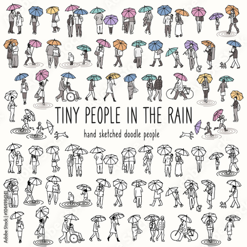 Set of tiny hand drawn people walking with their umbrellas in the rain