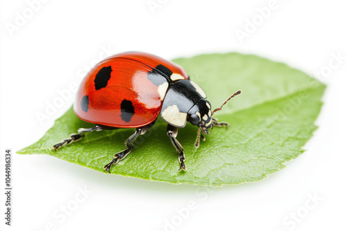 A vibrant ladybug resting on a green leaf, showcasing its distinctive red shell adorned with black spots.