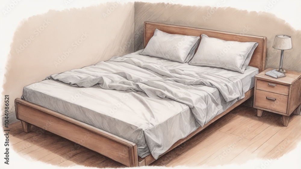 Artistic drawing of a cozy bedroom interior with a bed, pillows, and bedside table, soft colors and details, copy space Artistic drawing of a cozy bedroom interior with a bed, pillows, and bedside table, soft colors and details, copy space