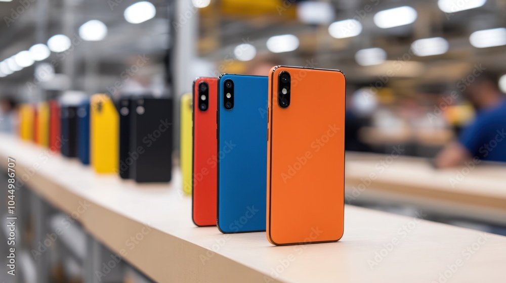 Fototapeta premium An array of colorful smartphones, including orange, blue, and black, is lined up on an assembly line. The blurred background suggests a bustling manufacturing environment.