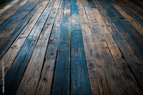 Rustic wooden floorboards in shades of brown and blue, creating a textured and inviting background.