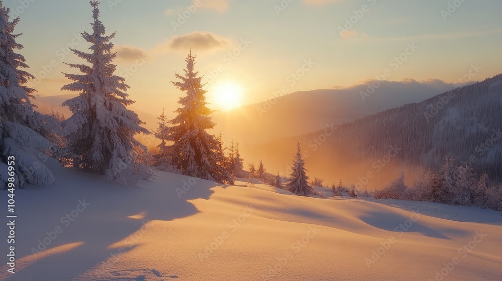 Majestic sunrise in the winter mountain landscape Majestic sunrise in the winter mountain landscape