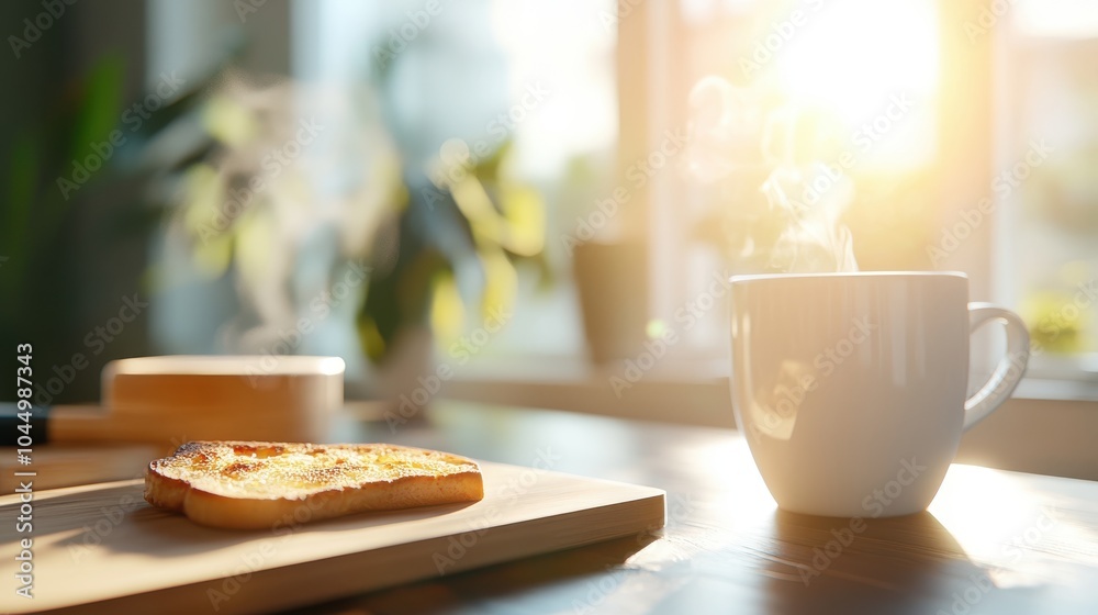 The image captures a cozy morning scene with freshly made toast on a wooden board and a steaming cup of coffee, bathed in warm sunlight through a home window. The image captures a cozy morning scene with freshly made toast on a wooden board and a steaming cup of coffee, bathed in warm sunlight through a home window.