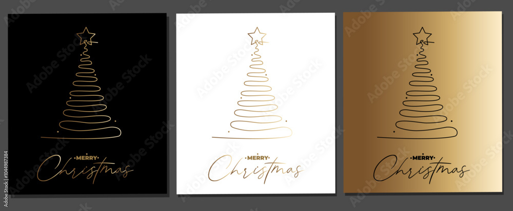 Vector set of continuous line cards of gold new year tree. Merry Christmas concept on white, gold and black background Vector set of continuous line cards of gold new year tree. Merry Christmas concept on white, gold and black background