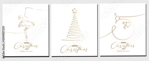 Vector set of continuous line greeting cards of gold new year tree, ball and ballerina. Merry Christmas concept on white background