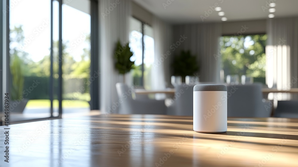 Fototapeta premium Modern Living Room with Smart Speaker and Garden View. Concept of smart home technology, voice-controlled devices, modern interior design, cozy living space, and home automation.