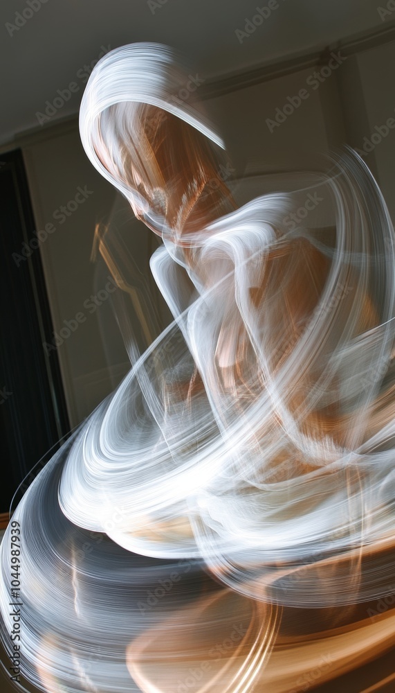 Fototapeta premium Abstract photo of a human figure with blurred lights creating a swirling, ethereal effect.