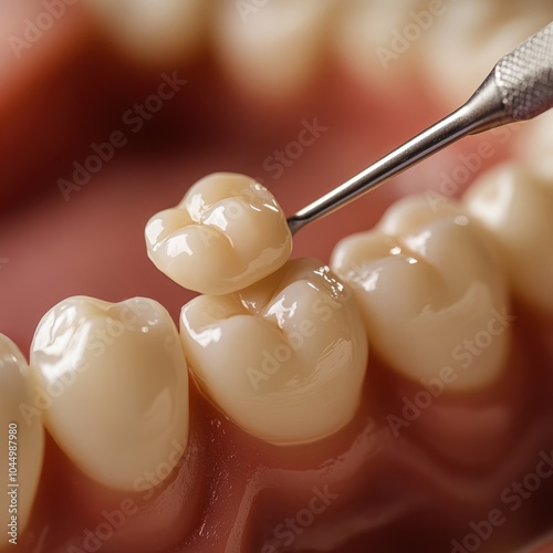 Close-up of a dental restoration, highlighting a tooth being worked on with a precision tool to demonstrate the intricacies of dental care and attention to detail.