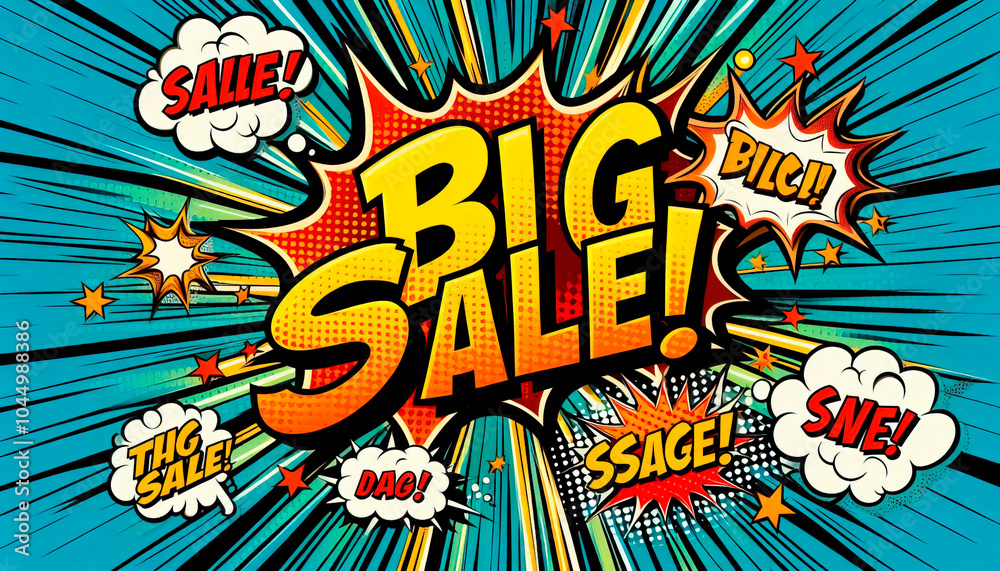Comic book style big sale announcement with vibrant burst design
Comic book style big sale announcement with vibrant burst design