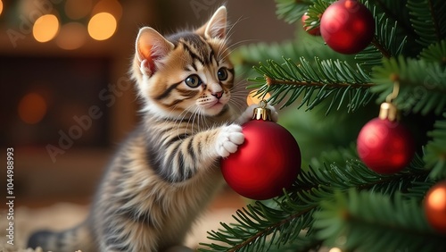 Red striped kitten playing with red Christmas ball under Christmas tree.Generative AI