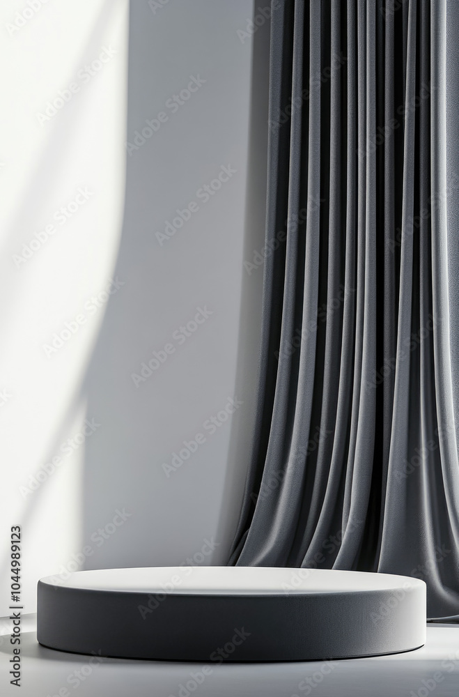 Calm and Neutral 3D Rendered Podium with Soft Gray Curtains for a Subtle Aesthetic Calm and Neutral 3D Rendered Podium with Soft Gray Curtains for a Subtle Aesthetic