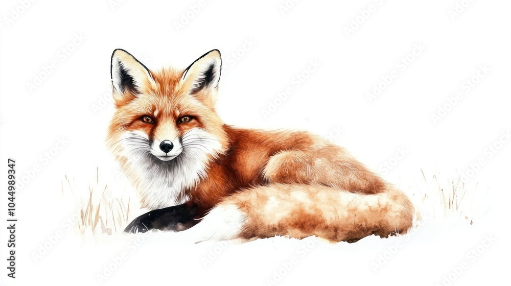 Naklejka premium A red fox with a bushy tail lies in a patch of dry grass, looking directly at the viewer.