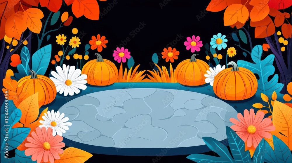 Enchanted garden in autumn with pumpkins and flowers whimsical theme cartoon drawing Split-complementary color scheme Enchanted garden in autumn with pumpkins and flowers whimsical theme cartoon drawing Split-complementary color scheme
