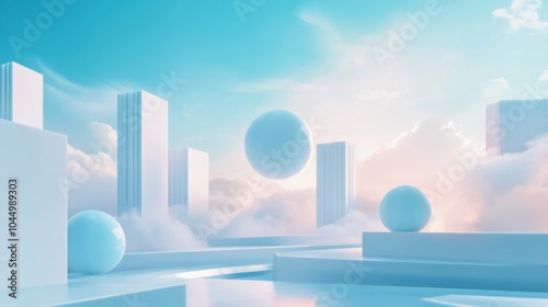 Abstract 3D render of a futuristic cityscape with white geometric shapes and floating spheres in a cloudy sky.