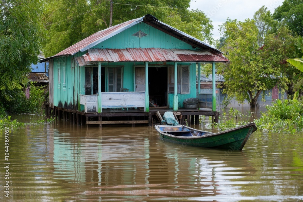 A rural house surrounded by rising floodwaters, with a small boat tied to the porch, capturing the resilience and preparation of rural communities during flood events. A rural house surrounded by rising floodwaters, with a small boat tied to the porch, capturing the resilience and preparation of rural communities during flood events.