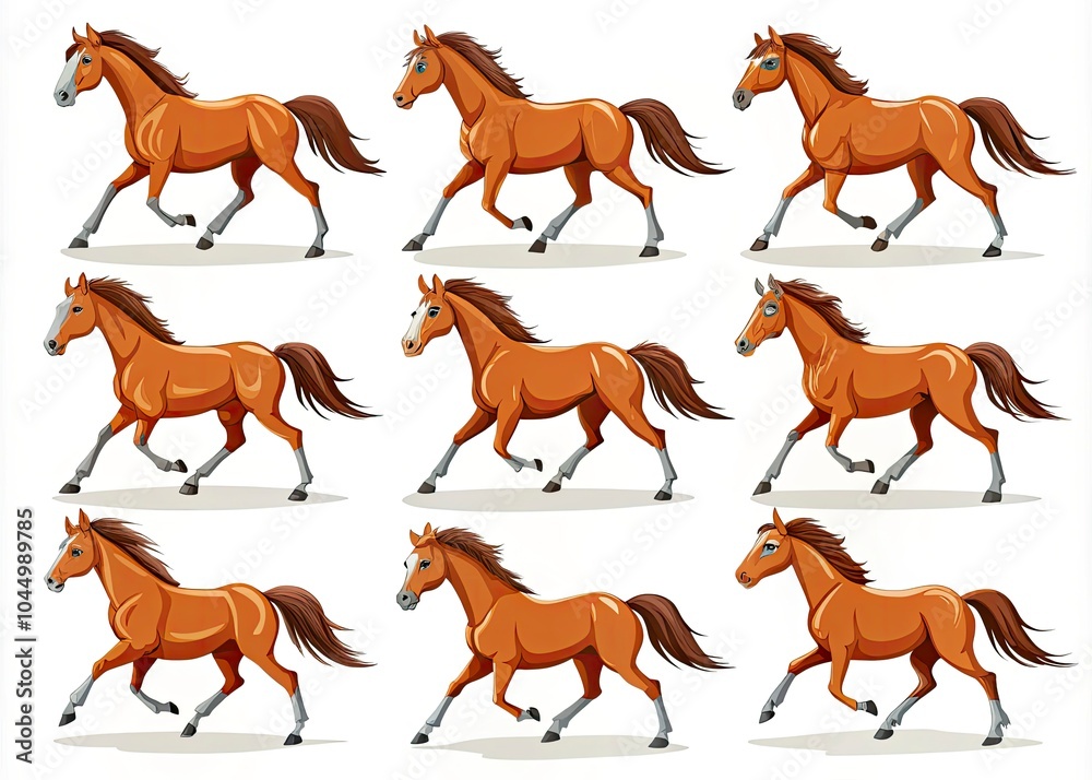 Obraz premium 2D Horse Animation Poses: Front and Side Views for Dynamic Character Animation in Games and Cartoons