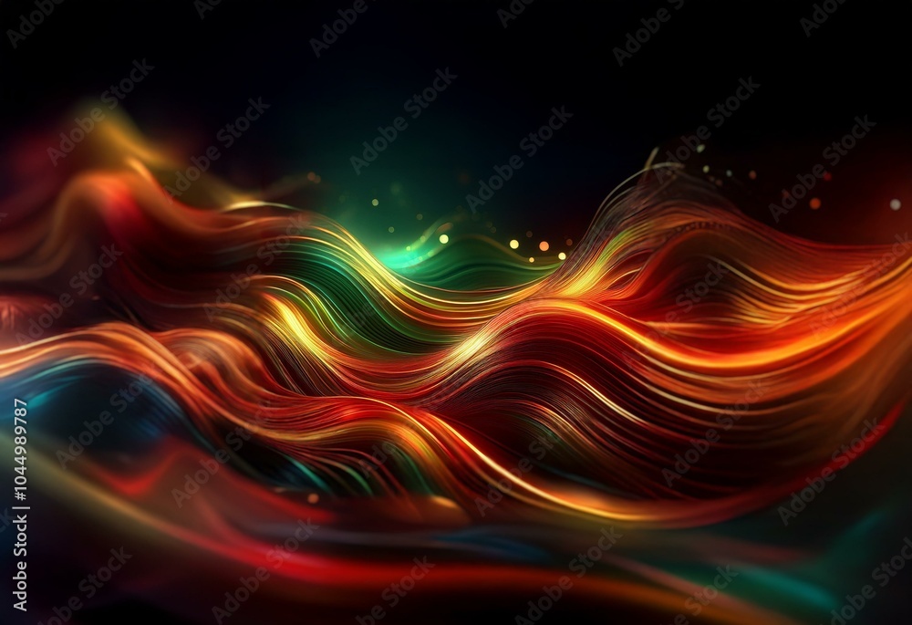 Abstract waves of glowing red, orange, and green lines on a dark background with bokeh lights. Abstract waves of glowing red, orange, and green lines on a dark background with bokeh lights.