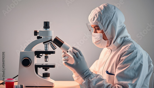 Healthcare specialist analyzing vaccine on microscope dressed in protection suit. Virolog in coverall during coronavirus outbreak conducting healthcare scientific analysis isolated with white highli photo