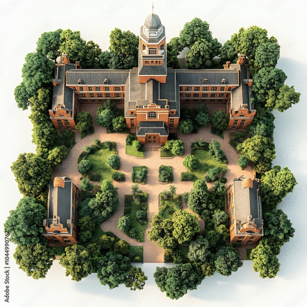 Top view 3D render of redbrick school building with a classic clock tower surrounded by a lush green courtyard isolated on a white background Top view 3D render of redbrick school building with a classic clock tower surrounded by a lush green courtyard isolated on a white background