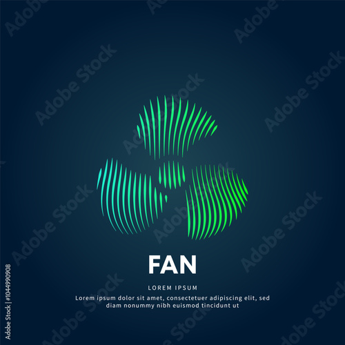 simple logo propeller Illustration in a linear style. Abstract line art green fan propeller Logotype concept icon. Vector logo fan color silhouette on a dark background. EPS 10