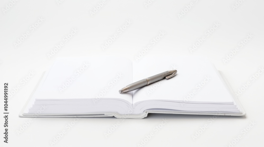A modern matte metallic pen resting on an open minimalist notebook with crisp white pages. A modern matte metallic pen resting on an open minimalist notebook with crisp white pages.