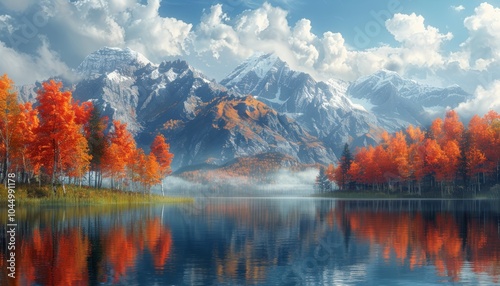 Stunning Autumn Landscape with Snowcapped Mountains and Lake 