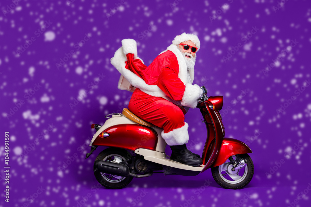 Profile photo of fat santa role man rushing newyear party by bike private presents courier delivery wear sun specs and red x-mas costume isolated purple background Profile photo of fat santa role man rushing newyear party by bike private presents courier delivery wear sun specs and red x-mas costume isolated purple background
