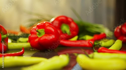 Slow Motion of Red Pepper Falling on Table: Capturing Fresh Organic Vegetables in Culinary Food Preparation. High quality FullHD footage