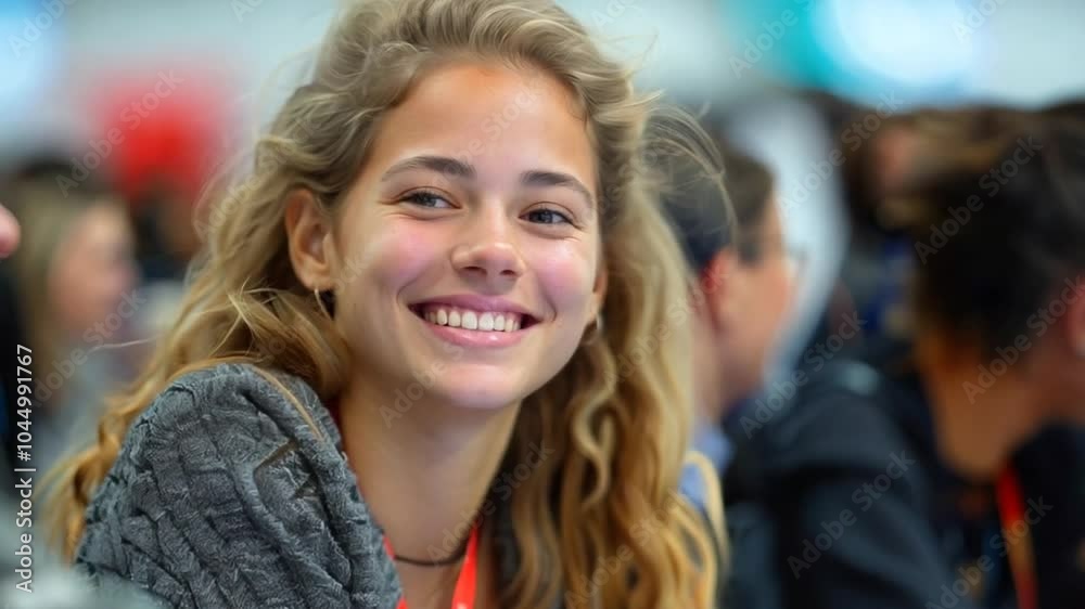 A cheerful young woman with curly hair sits among a lively group, smiling brightly and enjoying the conversation at a bustling event filled with energy A cheerful young woman with curly hair sits among a lively group, smiling brightly and enjoying the conversation at a bustling event filled with energy
