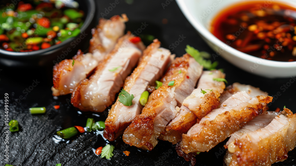 Crispy pork slices served with dipping sauces on black background create mouthwatering presentation. vibrant colors of sauces and garnishes enhance dishs appeal Crispy pork slices served with dipping sauces on black background create mouthwatering presentation. vibrant colors of sauces and garnishes enhance dishs appeal