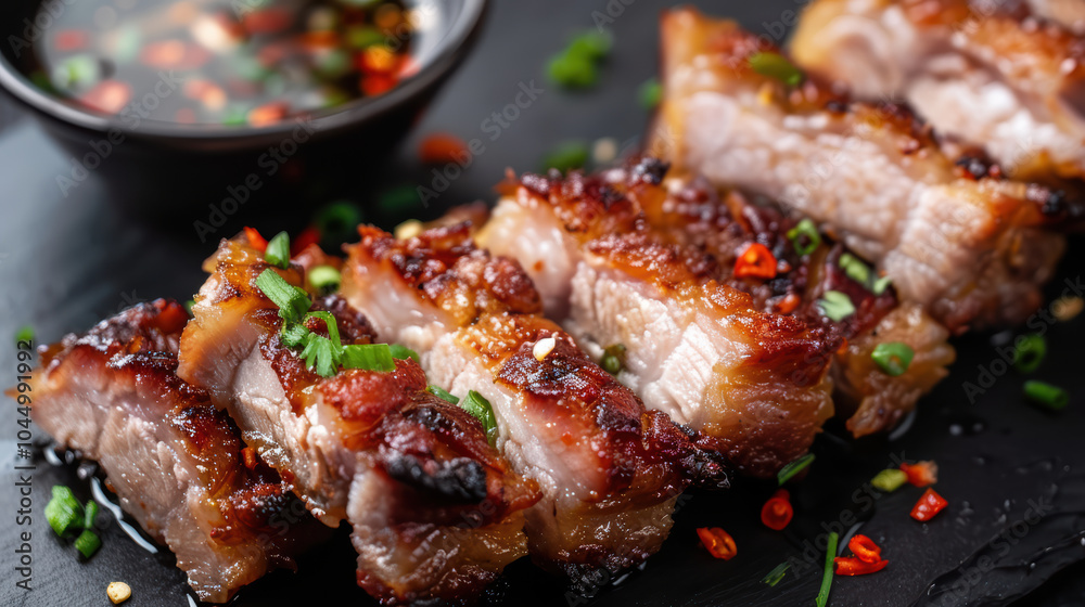 Crispy pork slices garnished with green onions and chili, served with flavorful dipping sauce on black background. This dish is perfect for food lovers Crispy pork slices garnished with green onions and chili, served with flavorful dipping sauce on black background. This dish is perfect for food lovers
